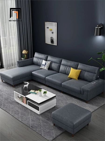 sofa góc L phòng khách 3m x 1m6, sofa góc da giả màu xám sang trọng