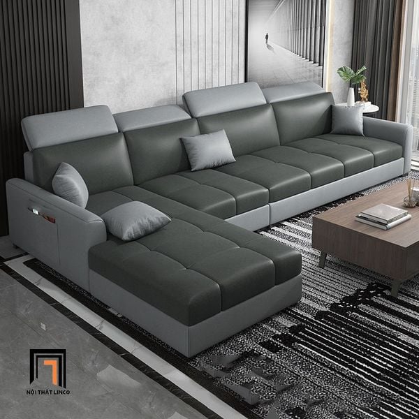 sofa góc l, bộ ghế sofa góc vải nỉ, sofa góc 2m8 x 1m75 gối kê đầu gật gù, sofa góc gia đình giá rẻ