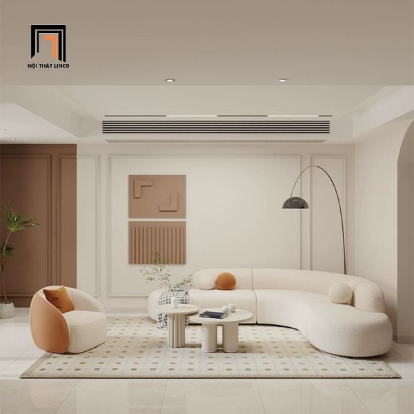 bộ ghế sofa góc L kiểu cong, set ghế sofa góc 2m5 x 2m1 bọc vải lông cừu trắng kem