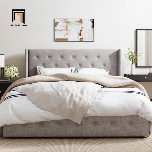 giường, giường ngủ bọc vải giá rẻ, giường ngủ giật nút xinh xắn, giường ngủ 1m6 x 2m hiện đại
