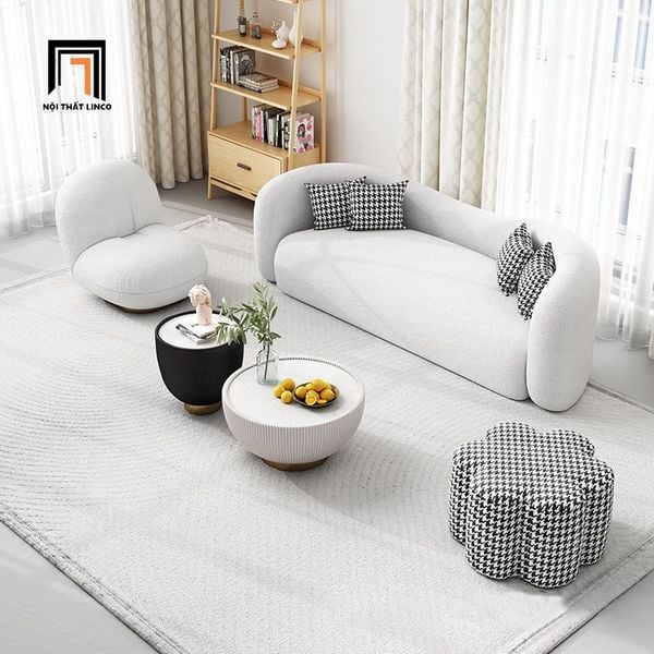 bộ ghế sofa vải lông cừu xám trắng, set ghế cho shop tiệm sang trọng, ghế sofa băng cong xinh xắn