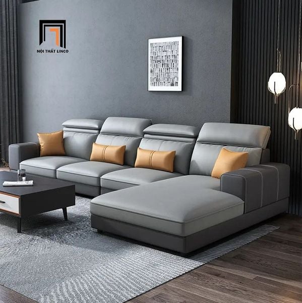 bộ ghế sofa góc L 3m x 1m6 da xám đậm, ghế sofa góc phòng khách bọc da cao cấp