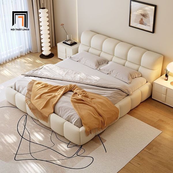giường ngủ, giường, giường ngủ da công nghiệp, giường ngủ màu trắng kem, giường ngủ cao cấp