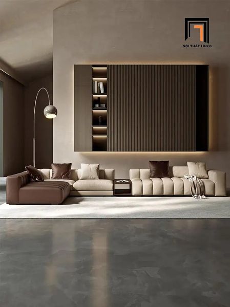 bộ ghế sofa góc L phối màu da hiện đại, sofa góc phòng khách diện tích lớn 3m4 x 2m2