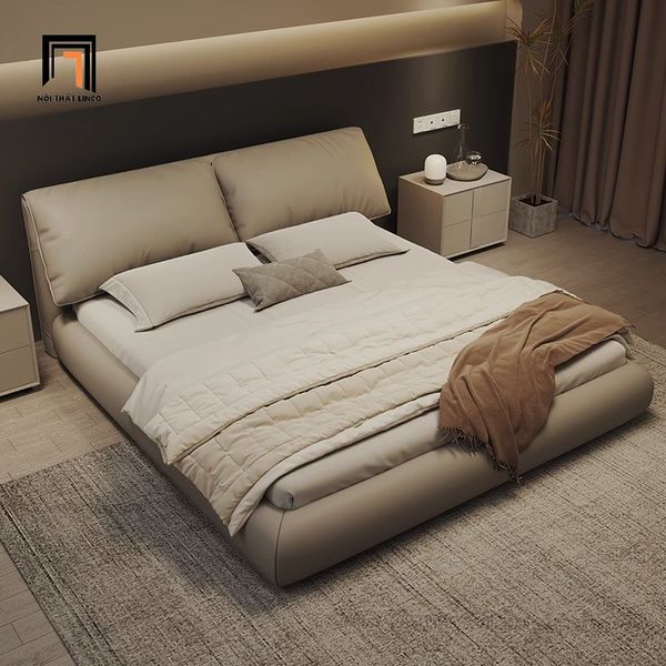 giường ngủ bọc da giả mềm, giường ngủ, giường, giường bọc da màu xám, giường ngủ chung cư