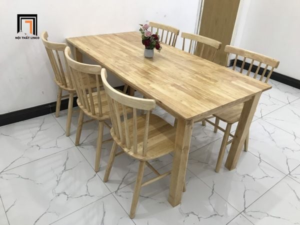 set bàn ghế ăn 6 chỗ ngồi gỗ cao su xinh xắn, bộ bàn ghế ăn phòng bếp lớn