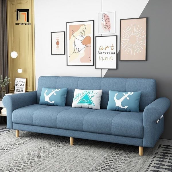 ghế sofa giường nằm tay kiểu cong, sofa giường dài 2m1 bọc nỉ màu xanh lá