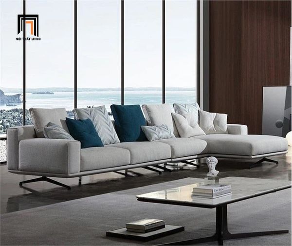 bộ ghế sofa góc phòng khách lớn, ghế sofa góc 3m x 1m6 xám trắng nỉ