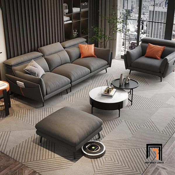 bộ ghế sofa phòng khách sang trọng, set ghế sofa vải nhung kem