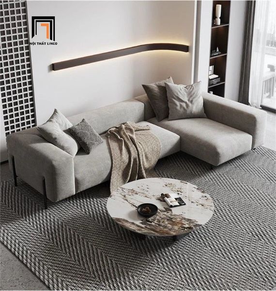 sofa góc L màu xám vải nỉ 2m4 x 1m6, bộ ghế sofa góc gia đình chân inox