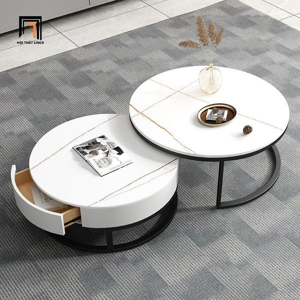 cặp 2 bàn sofa phòng khách giá rẻ, cặp bàn trà gia đình mặt đá tròn hiện đại