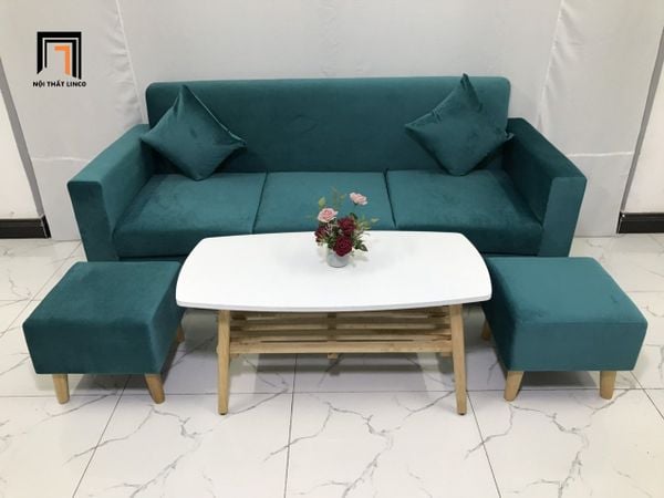 ghế sofa băng dài 1m9 màu xanh lá vải nhung, bộ ghế sofa văng giá rẻ nhỏ gọn