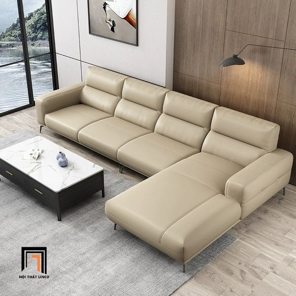 bộ ghế sofa góc L bọc da màu kem, sofa góc cao cấp 3m x 1m6 sang trọng
