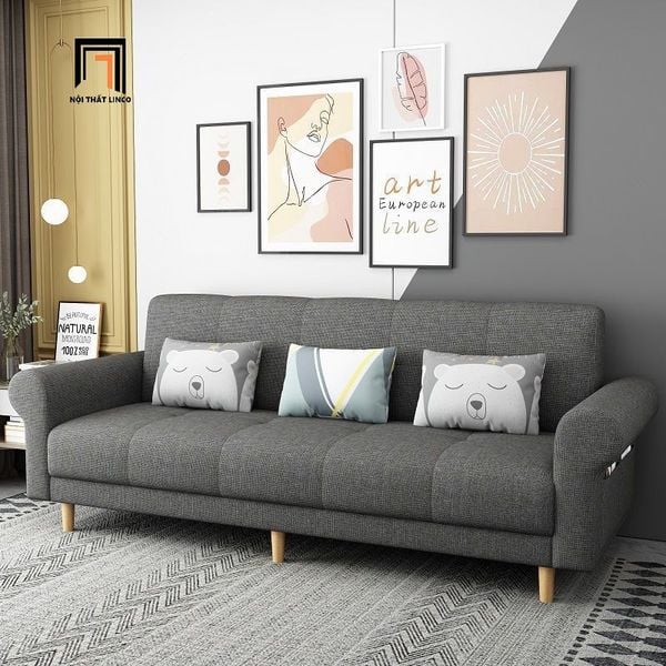 ghế sofa giường nằm tay kiểu cong, sofa giường dài 2m1 bọc nỉ màu xanh lá