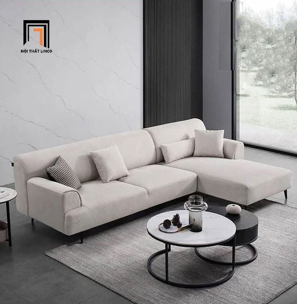 bộ ghế sofa góc L xám trắng vải nỉ, sofa góc 2m4 x 1m6 cho căn hộ chung cư