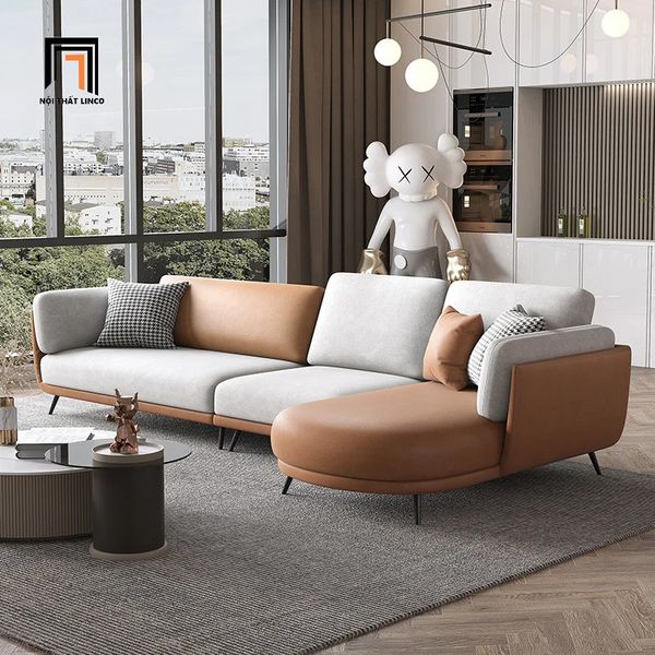 bộ ghế sofa góc l da pu phối màu, ghế sofa góc 3m x 1m6 cho không gian lớn, sofa góc nệm bo cong chân inox