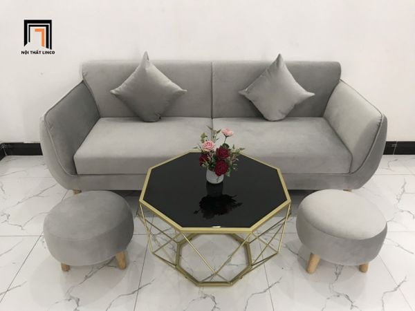 bộ ghế sofa văng dài 1m9 giá rẻ, ghế sofa băng vải nhung màu xám, bộ ghế sofa văng cho chung cư nhỏ