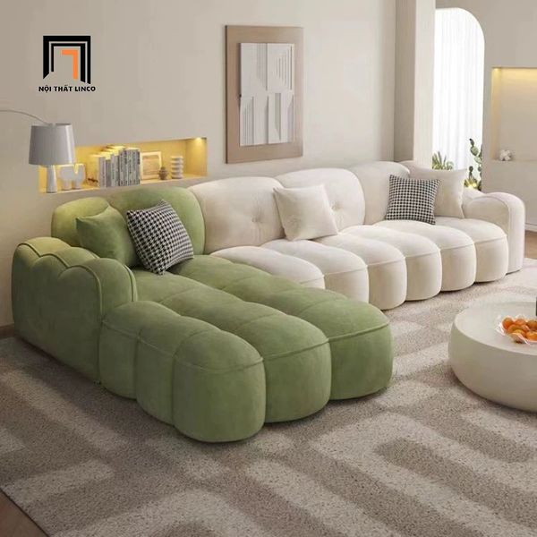 sofa góc L nệm chia múi đẹp, bộ ghế sofa góc 3m05 x 1m7 vải nhung xinh xắn