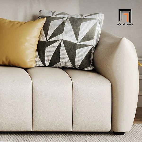 set ghế sofa phòng khách nệm chia múi, bộ ghế sofa da giả màu trắng kem