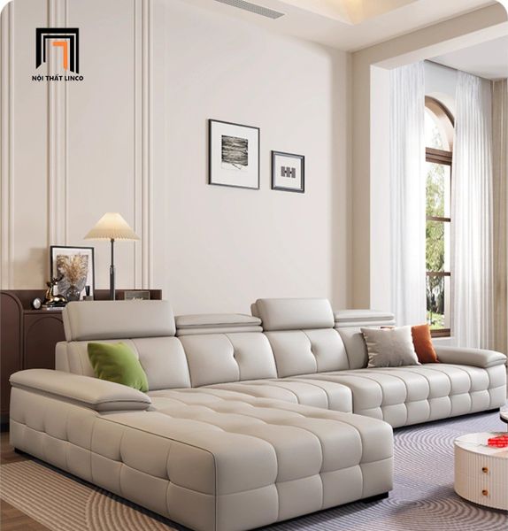 bộ ghế sofa góc L da công nghiệp xám trắng, sofa góc L gia đình sang trọng 3m x 1m6