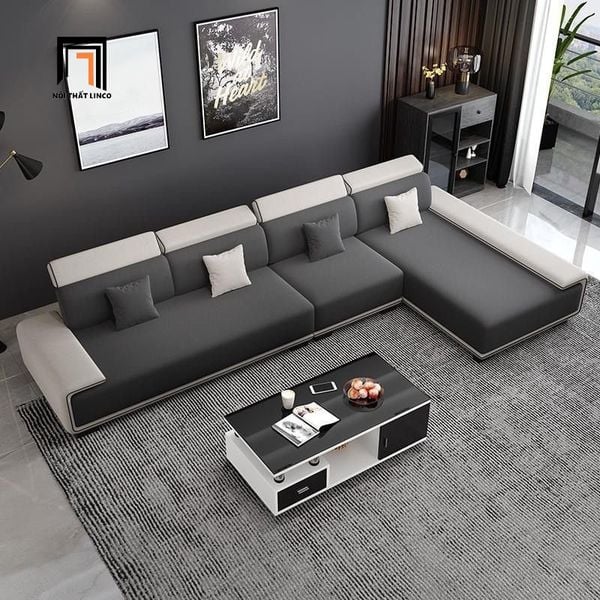 ghế sofa góc L 3m2 x 1m8 phối màu đen trắng, bộ sofa góc chữ L trẻ trung hiện đại