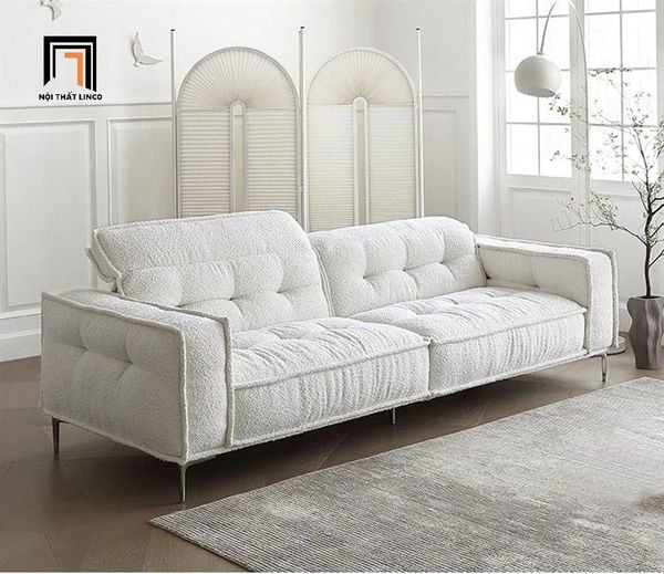 sofa, ghế sofa, sofa băng vải lông cừu, ghế sofa màu trắng kem, sofa 2m1 xinh xắn cho gia đình