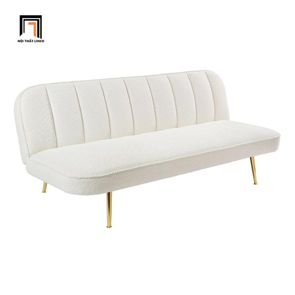 sofa giường nằm dài 1m7 vải lông cừu trắng kem, sofa giường xinh xắn nhỏ gọn