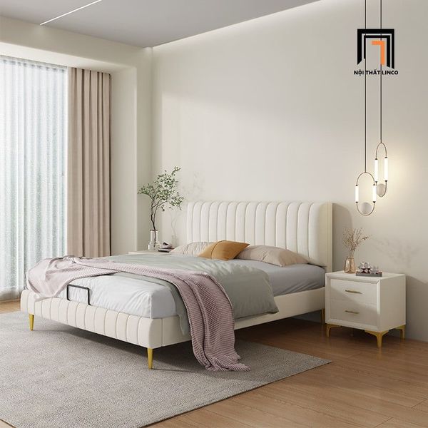 giường, giường ngủ bọc da, giường ngủ da giả xám trắng, giường ngủ bọc da