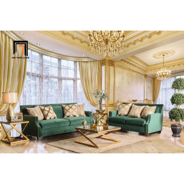 bộ ghế sofa phòng khách sang trọng, combo 2 ghế sofa gia đình cao cấp vải nhung xanh lá