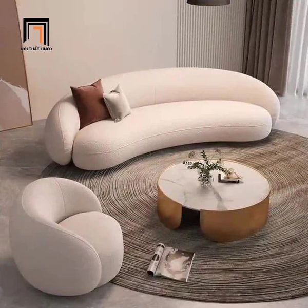 bộ ghế sofa văng cong vải lông cừu, ghế sofa trang trí cho shop tiệm đẹp, bộ ghế sofa cong màu trắng kem