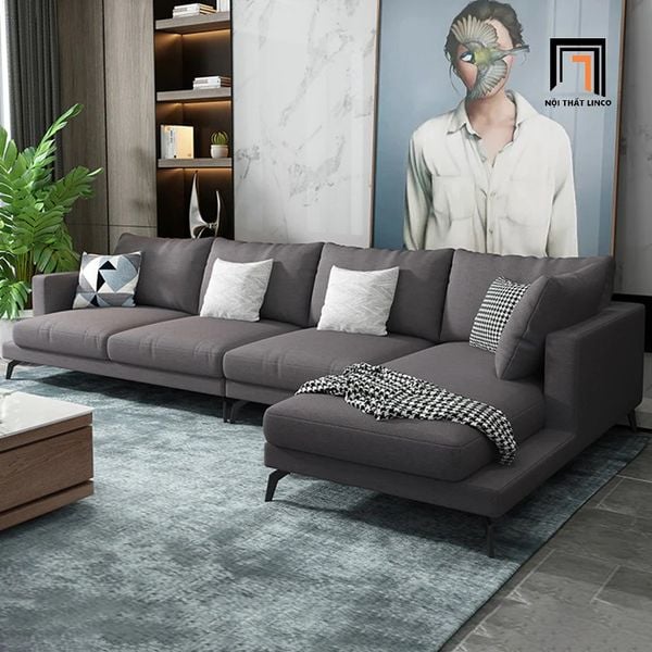 ghế sofa góc l phòng khách gia đình, sofa góc 3m x 1m6 vải nỉ xám lông chuột, sofa góc lớn