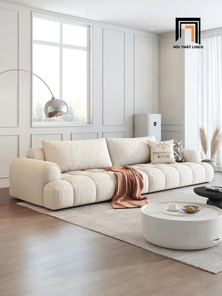 sofa văng màu trắng kem vải nỉ, ghế sofa băng 2m4 giá rẻ, sofa băng chia múi xinh xắn cho shop tiệm