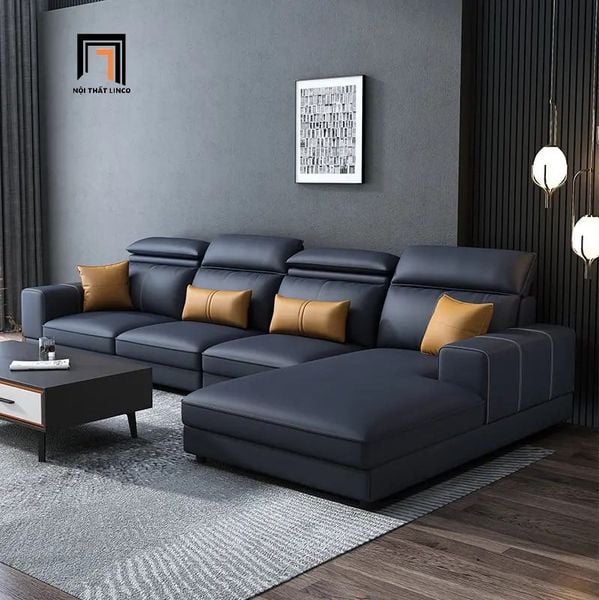 bộ ghế sofa góc L 3m x 1m6 da xám đậm, ghế sofa góc phòng khách bọc da cao cấp