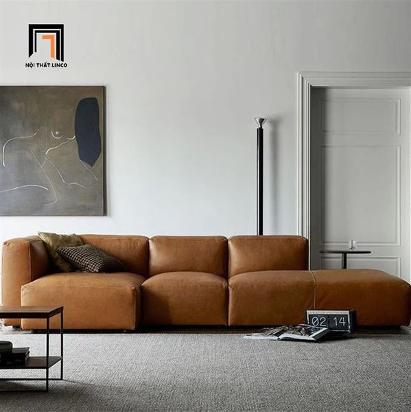 bộ ghế sofa góc L da công nghiệp màu nâu, set ghế sofa góc phòng khách 2m6 x 1m1 hiện đại