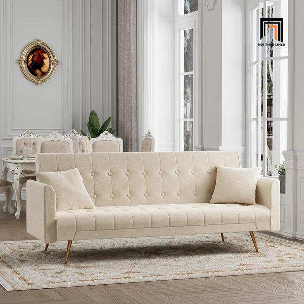 sofa giường vải nhung màu kem dài 2m, sofa giường nằm xinh xắn