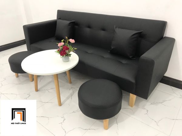 ghế sofa giường da công nghiệp màu đen, sofa băng giường nằm dài 2m cho phòng nhỏ