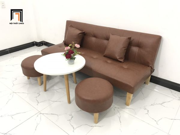 ghế sofa giường giá rẻ dài 1m7, sofa bed bọc da giả màu nâu, ghế sofa cho phòng ngủ nhỏ gọn