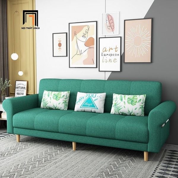 ghế sofa giường nằm tay kiểu cong, sofa giường dài 2m1 bọc nỉ màu xanh lá