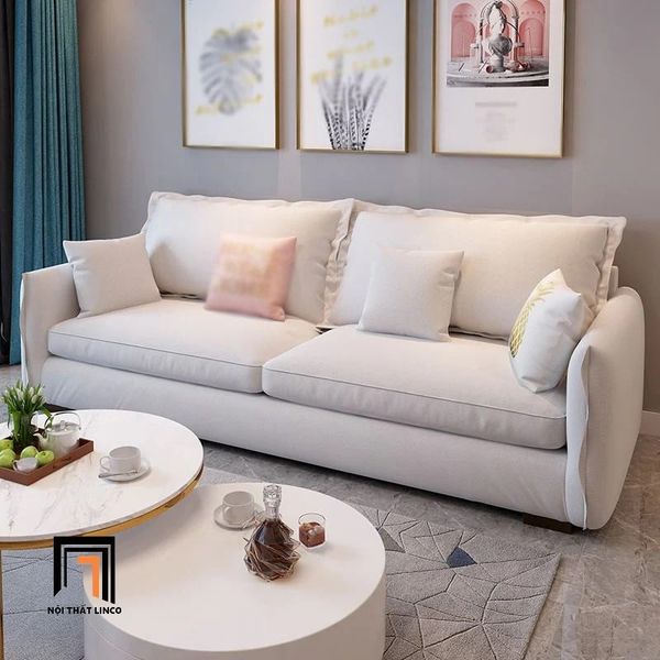ghế sofa băng dài 2m, sofa phòng khách gia đình vải nỉ trắng kem, sofa văng nhỏ cho chung cư