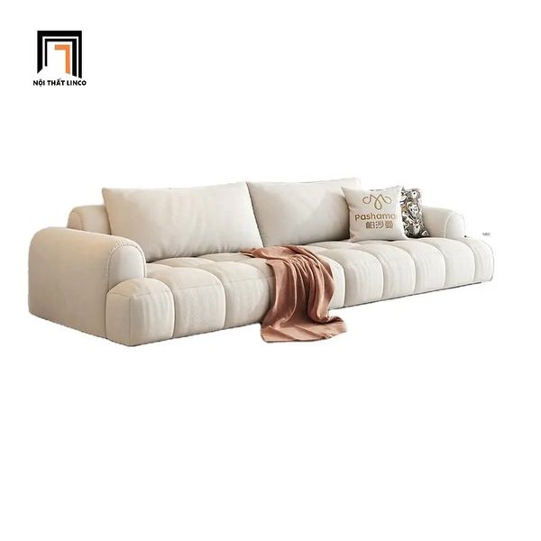 sofa văng màu trắng kem vải nỉ, ghế sofa băng 2m4 giá rẻ, sofa băng chia múi xinh xắn cho shop tiệm