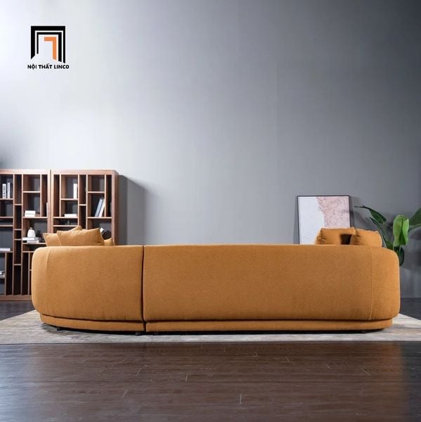 bộ ghế sofa góc L kiểu cong 2m4 x 2m4 vải nhung màu cam, sofa góc phòng khách đẹp