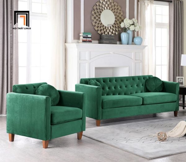 bộ ghế sofa sang trọng, set ghế sofa xanh lá vải nhung, bộ ghế sofa kiểu dáng âu mỹ, ghế sofa giật lún gia đình