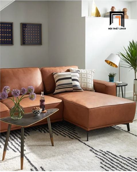 bộ ghế sofa góc l 2m4 x 1m6, sofa góc sang trọng 2m4 x 1m6 màu nâu da giả