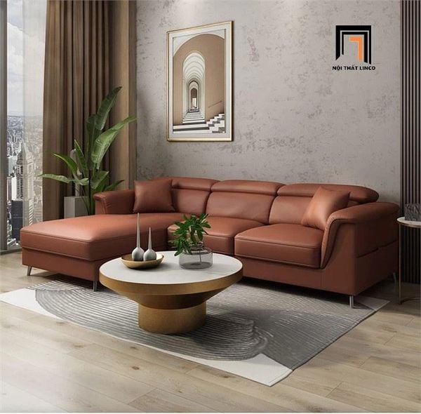 sofa góc L gật gù màu nâu 2m4 x 1m6, ghế sofa góc da công nghiệp sang trọng