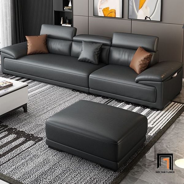 bộ ghế sofa băng da giả màu đen, ghế sofa băng kèm đôn vuông, sofa băng dài 2m4 tựa đầu gật gù