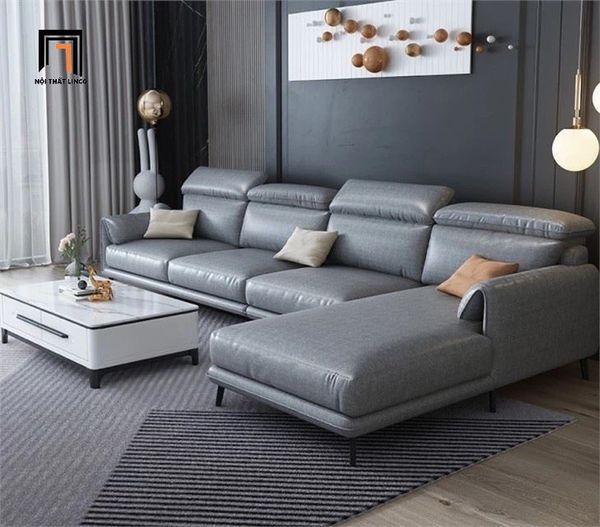 bộ ghế sofa góc L 3m x 1m6, set ghế sofa góc da giả xám đậm cao cấp