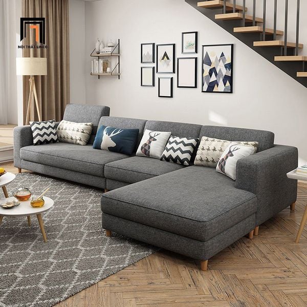 bộ ghế sofa góc l vải nỉ xám trắng, sofa góc dài 3m x 1m6 giá rẻ, sofa góc phòng khách gia đình hiện đại