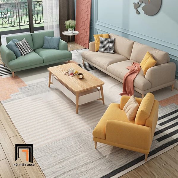 bộ ghế sofa góc L 2m4 x 1m6, ghế sofa góc màu trắng kem vải nỉ, sofa góc phòng khách gia đình giá rẻ