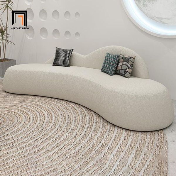 ghế sofa băng cong dài 2m3, sofa văng cong vải lông cừu trang trí cho tiệm shop, sofa băng xinh xắn