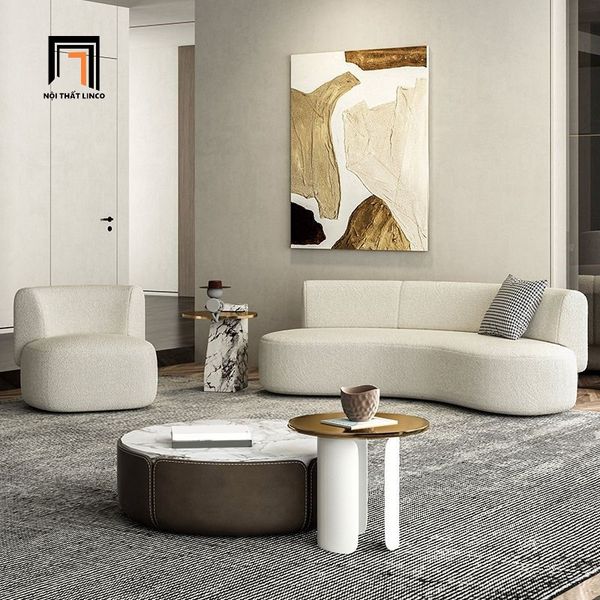 sofa phòng khách, bộ ghế sofa cho tiệm shop, ghế sofa trang trí cho cửa hàng, bộ ghế sofa vải lông cừu trắng kem